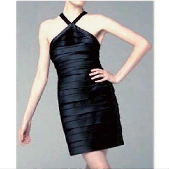 BCBGMaxAzria Satin Halter Tiered Dress Black 2 - Picture 1 of 7
